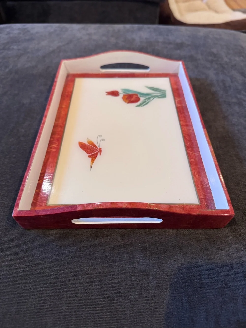 Red Floral Decorative Serving Tray Crafted From the Philippines